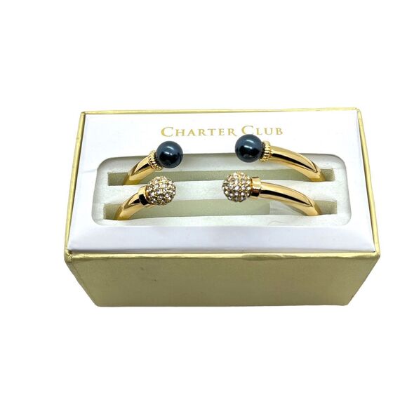Charter Club Cuff Bracelets 2-Pc. Set Pavé Bead & Imitation Pearl New Gold Tone - Picture 2 of 13
